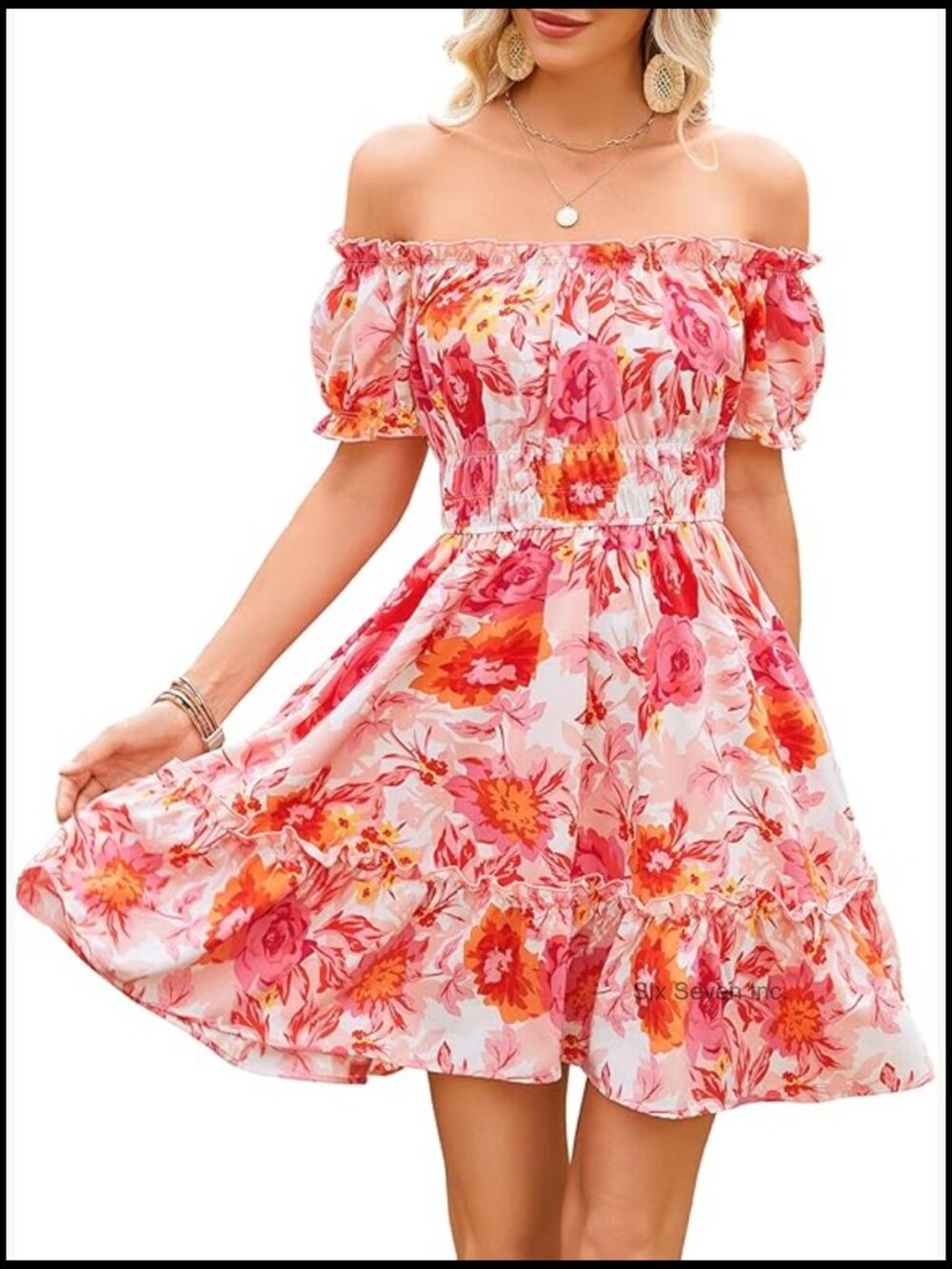 Off Shoulder Smocked Waist Mini Sundress with Pockets Polyester